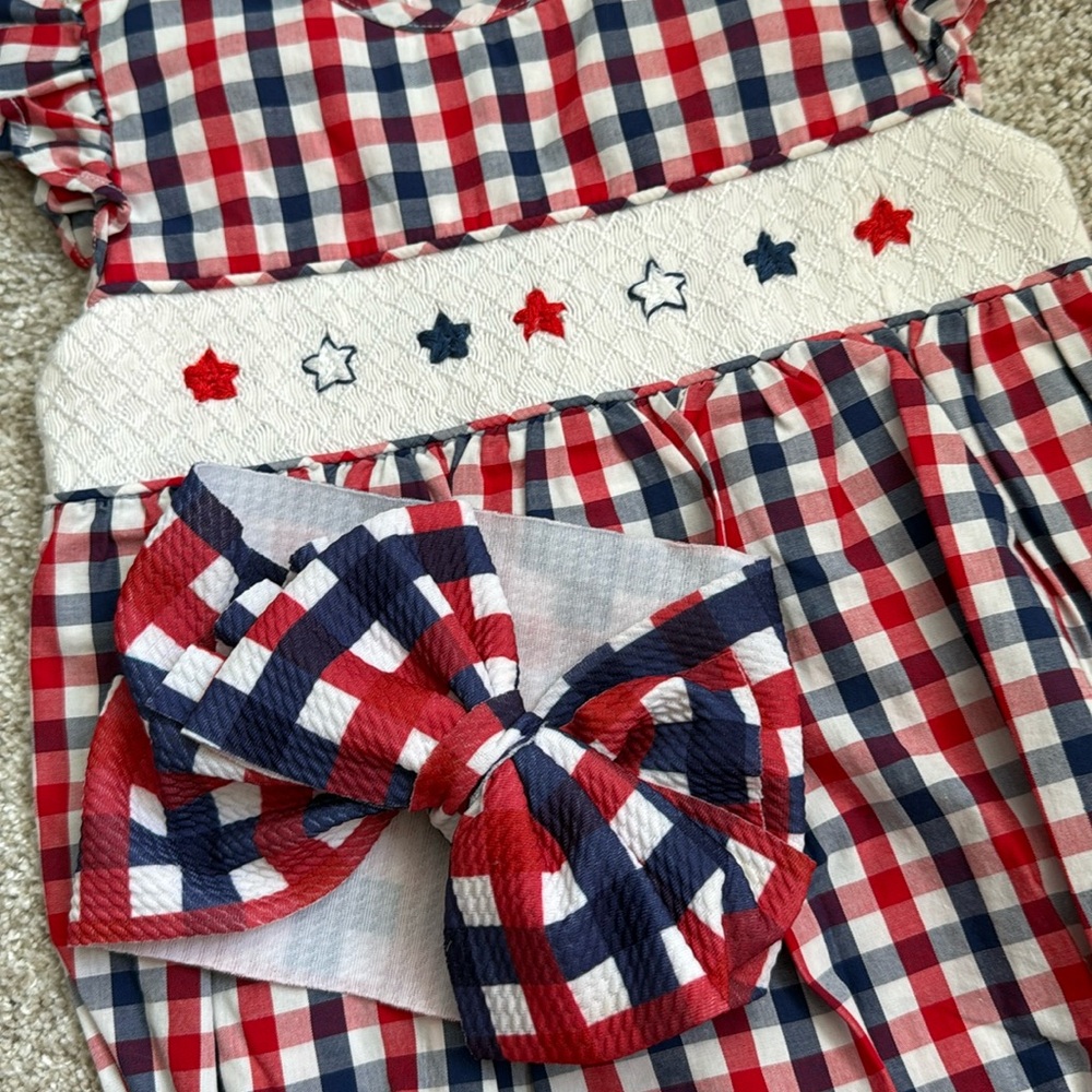 Patriotic Plaid Baby Romper with matching bow Headwrap